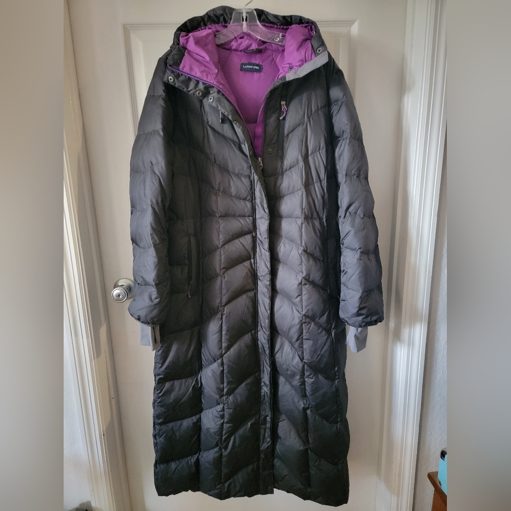 LANDS END DOWN FEATHER LONG PUFFER HOODED TRENCH COAT